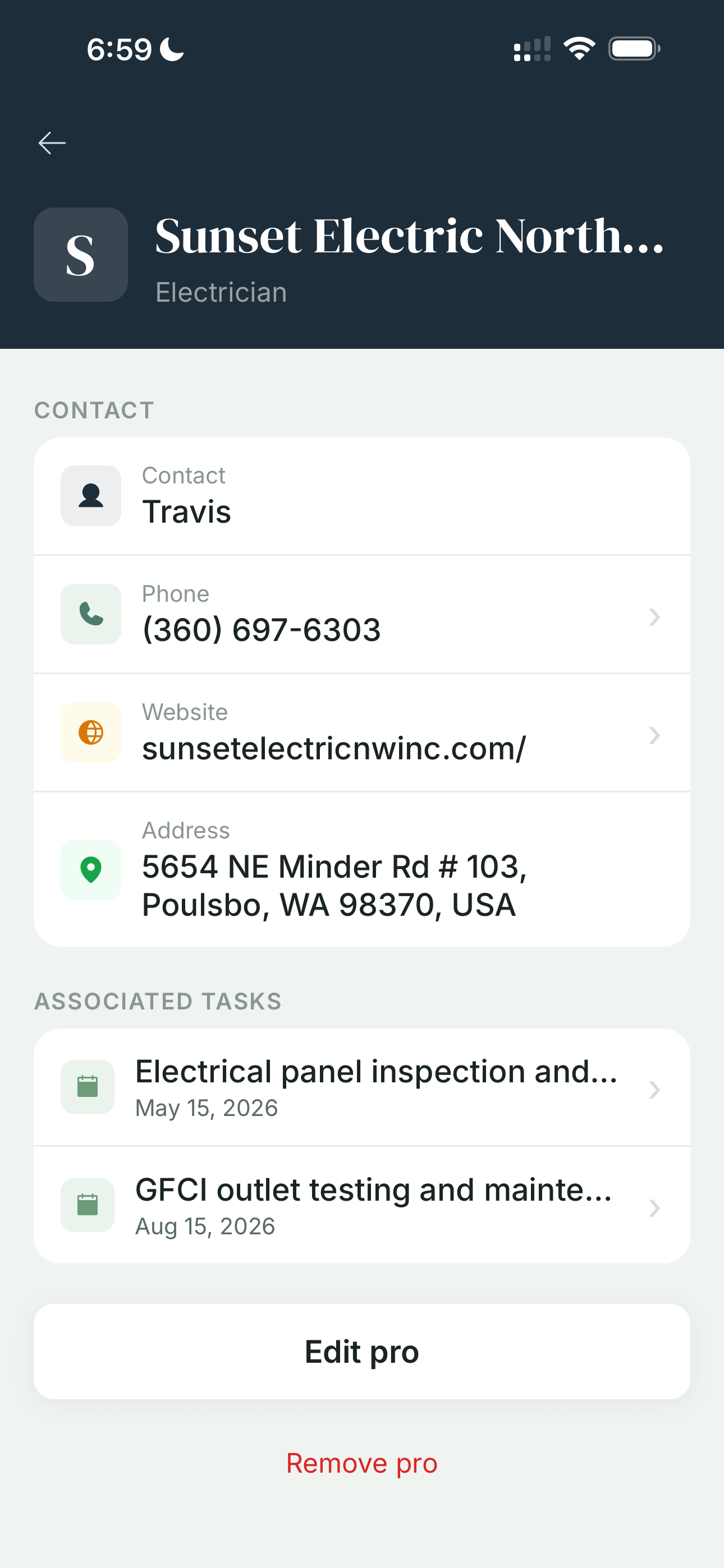 Pro contact screen